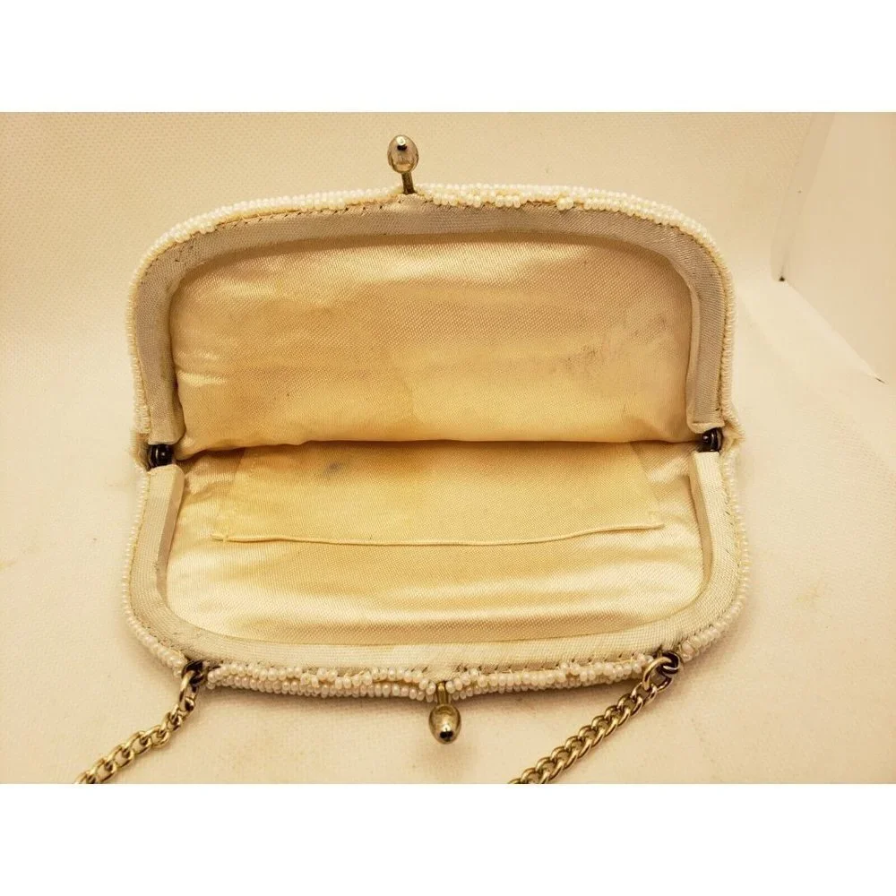 Richere White Beaded Evening Bag Seed Pearls Beads Gold Chain Clutch Purse Japan - Picture 6 of 10